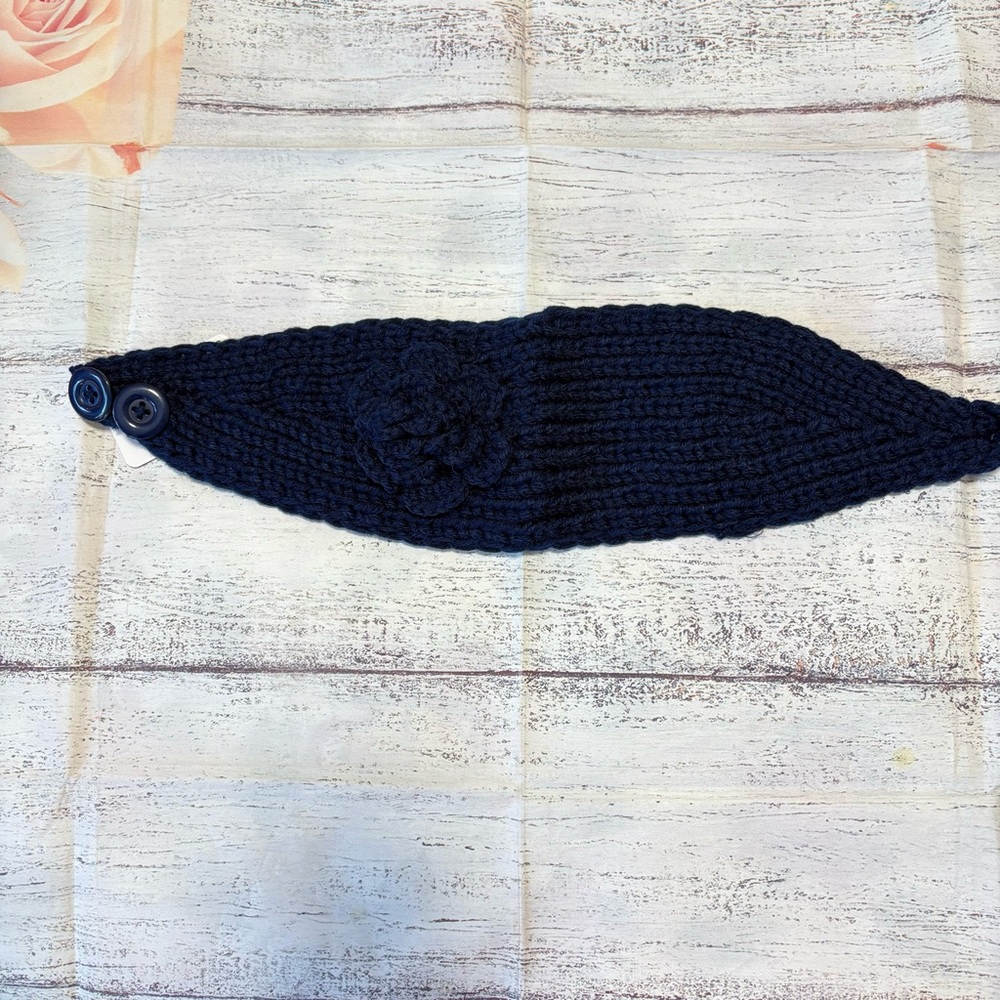 Navy Knit Headband with Buttons and Flower